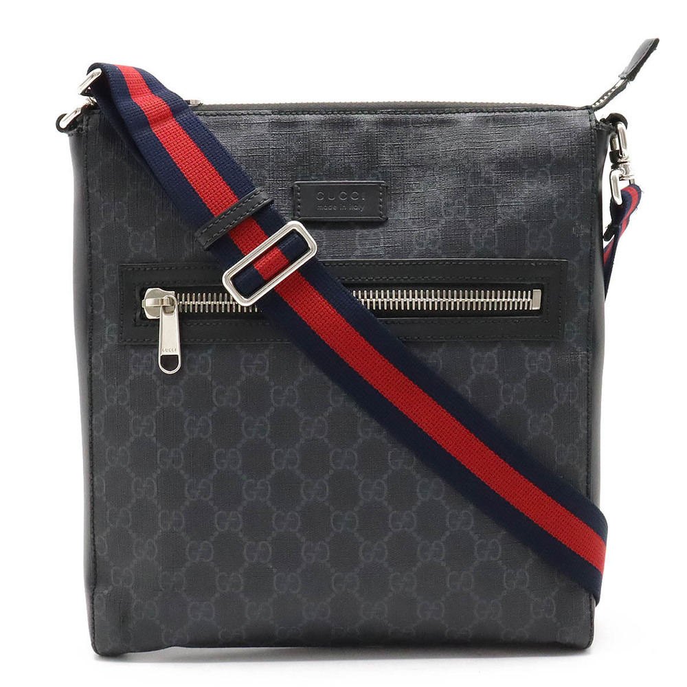 Gucci GG Supreme Messenger Bag Shoulder Web Strap Leather Black Gray